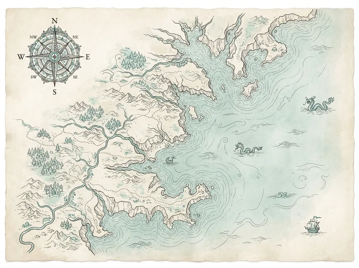 Hand-drawn ink map of a rugged coastline