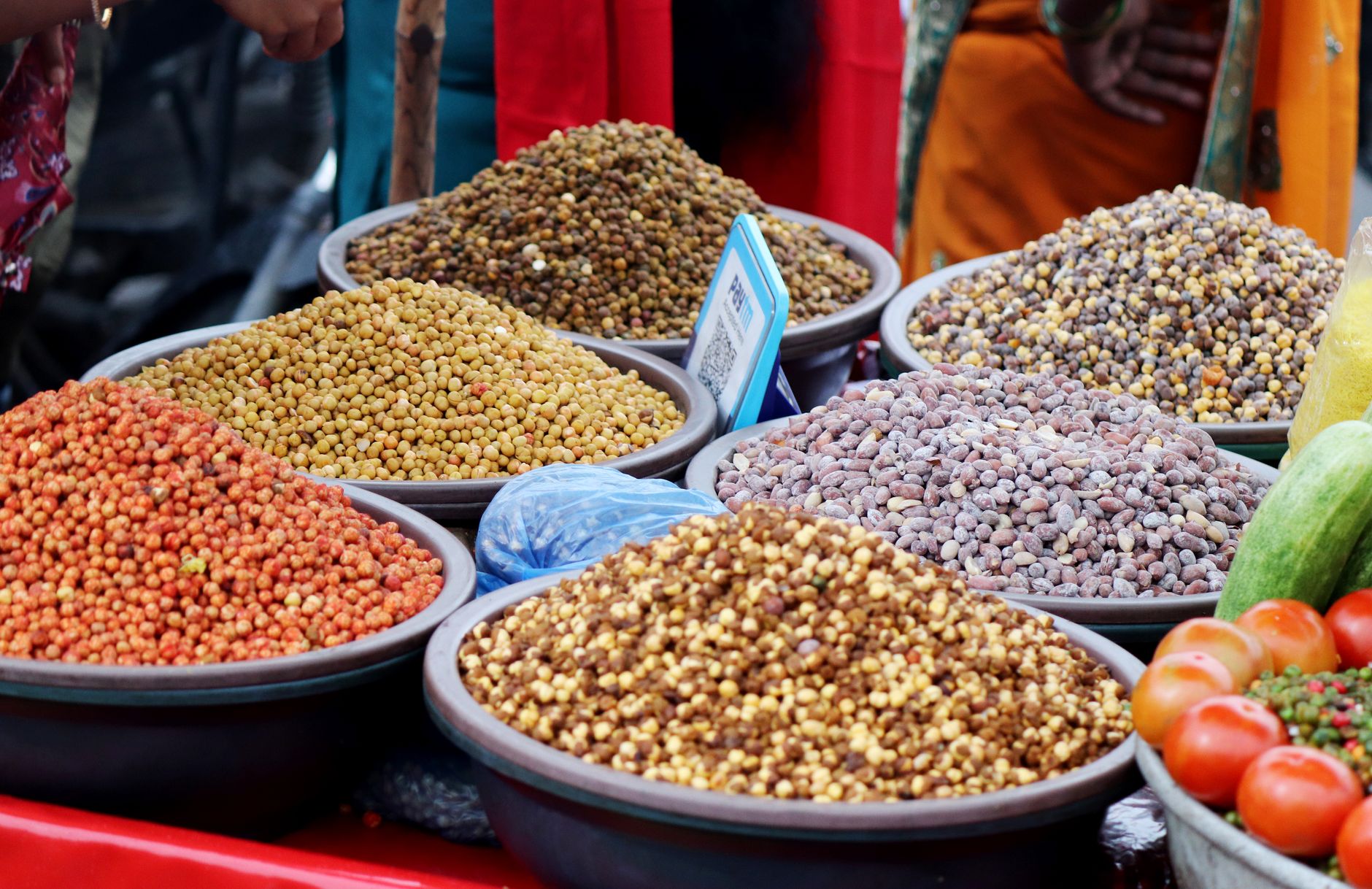 A market stall piled with colourful spices