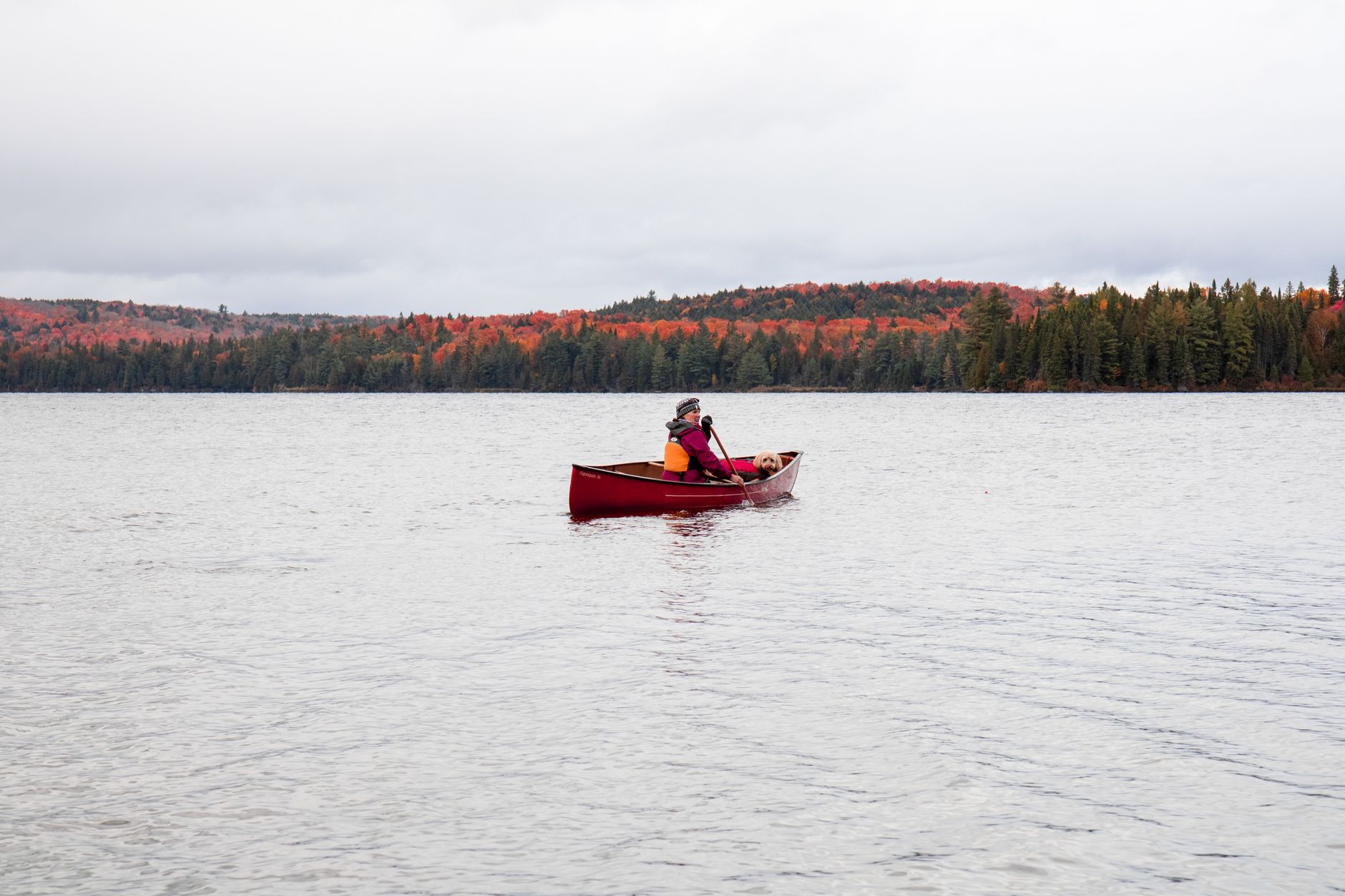 A red canoe on a misty lake ringed by autumn maples